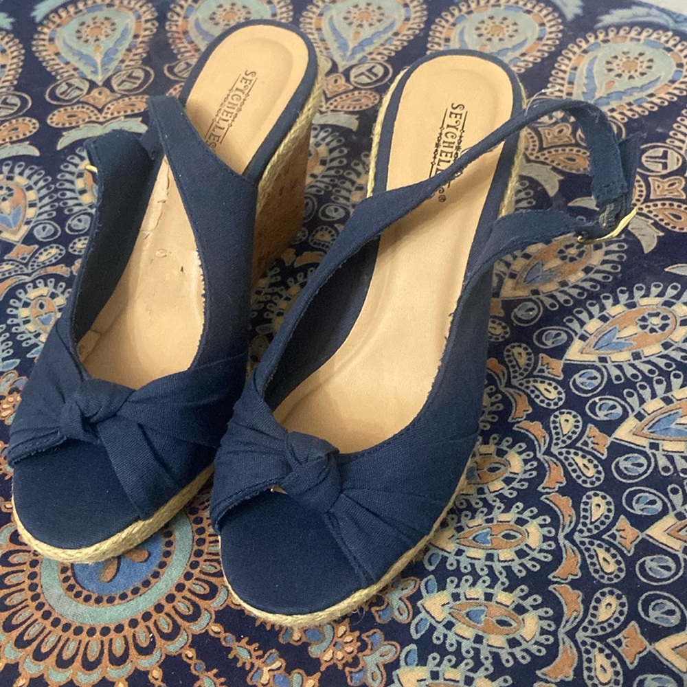 Seychelles Cork Wedge Canvas Slingback shoes, size US women’s 7